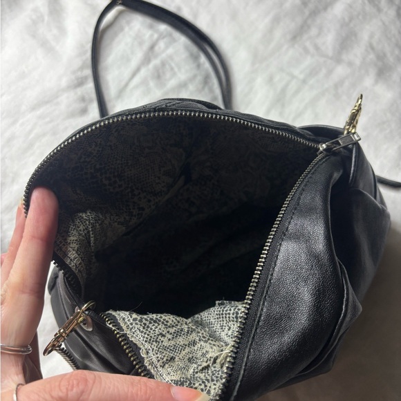 Black Upcycled Leather Circle Crossbody Bag with Chain Strap - Picture 5 of 5